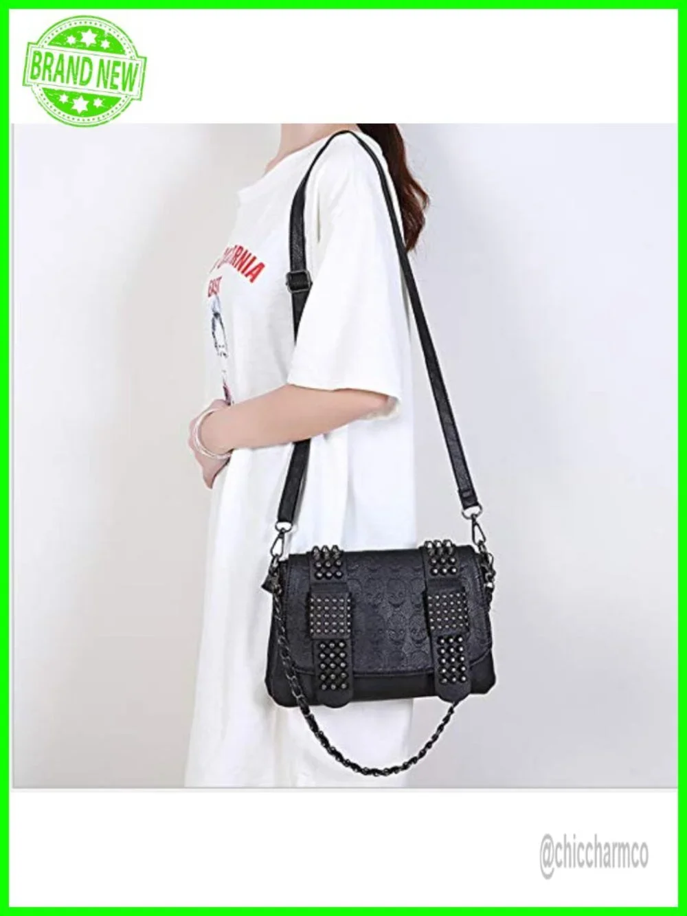 Women's PU Leather Skull Satchel Handbag Gothic Chain Shoulder Bag with